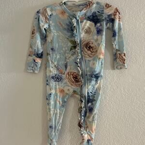 Posh Peanut Blue Floral Baby 6-9 Months Bamboo Zippy with Ruffles